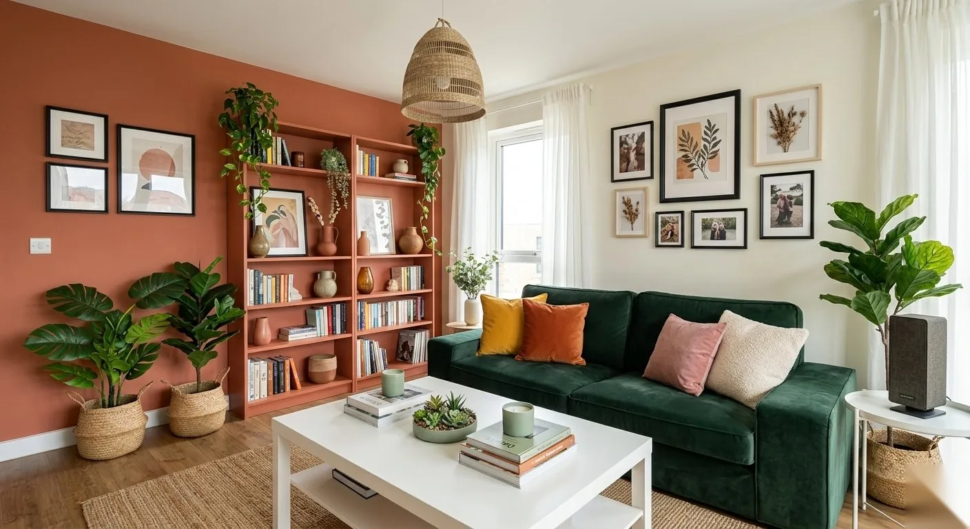 Casa Possibile — angolo soggiorno con velluto e terracotta